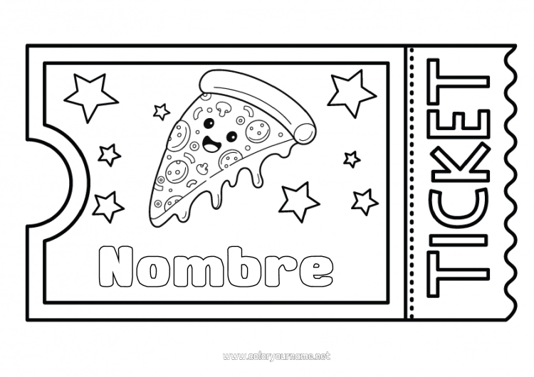 Dibujo para colorear para imprimir Kawaii Pizza Boleto, entrada