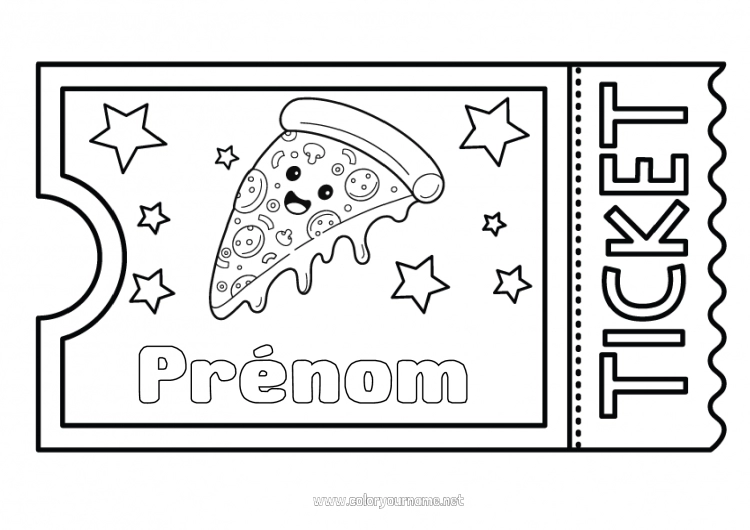 Coloriage à imprimer Kawaii Pizza Ticket