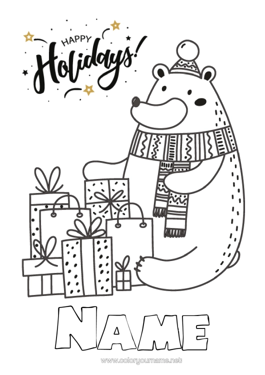 Colouring page to print Bear Gifts Christmas Forest Animals