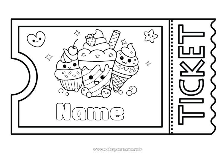 Colouring page to print Cute Treats, Sweets Ice Cream Ticket