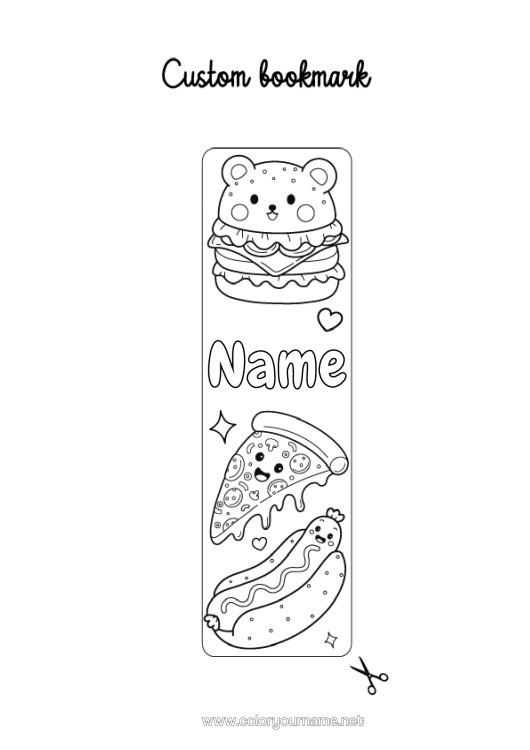 Colouring page to print Cute Food Bookmark Hamburger Pizza Hot Dog