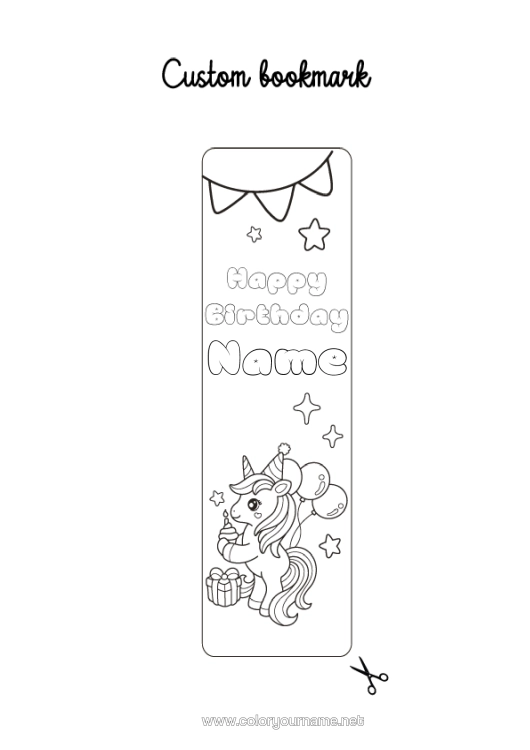 Colouring page to print Birthday Cute Unicorn Balloons Animal Bookmark Dragons, Unicorns, And Fantastical Creatures
