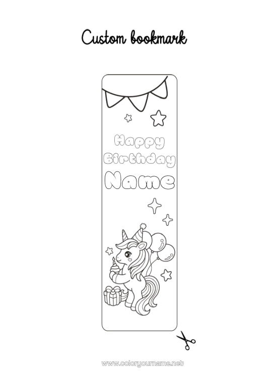 Coloring page to print Birthday Kawaii Unicorn Balloons Bookmark Dragons, unicorns and fantastic animals