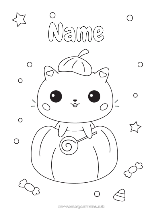Colouring page to print Sweets Pumpkin Trick Or Treat? Cute Cat Cute Animal Dogs And Cats