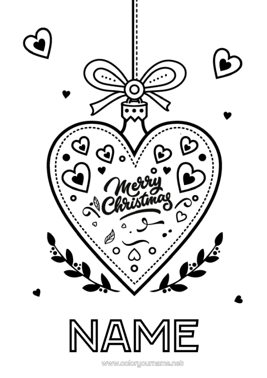 Colouring page to print Christmas Christmas Bauble Big Heart "Merry Christmas" Message