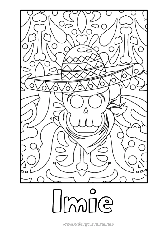 Kolorowanka do wydruku Czaszka Dzień Zmarłych Kapelusz Meksyk Zentangle