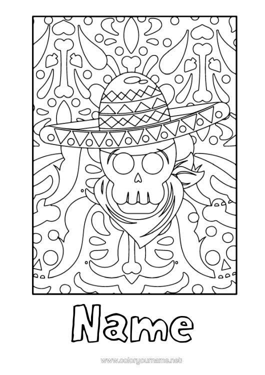 Colouring page to print Skull Day Of The Dead Hat Mexico Zentangle