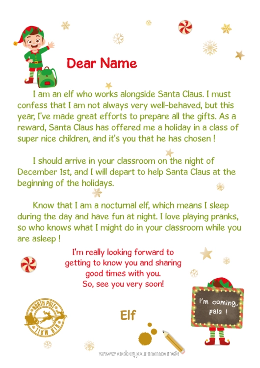 Colouring page to print Christmas Elves Letters From Mischievous Elves School Letter From The Elf