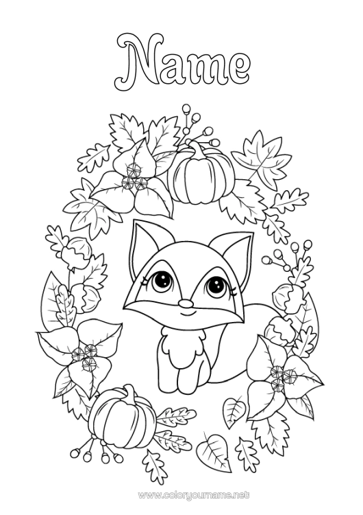 Colouring page to print Pumpkin Autumn Fox Animal Leaves Forest Animals Gland