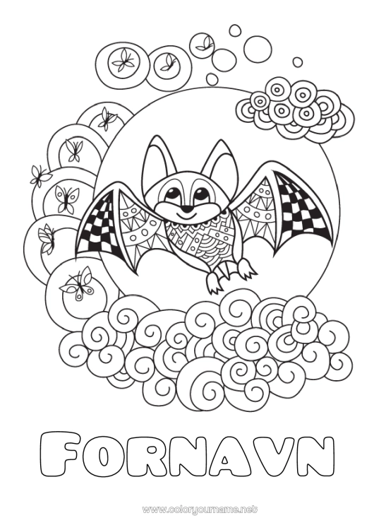 Fargeleggingssiden til utskrift Flaggermus Dyr Zentangle Fugler og flygende pattedyr