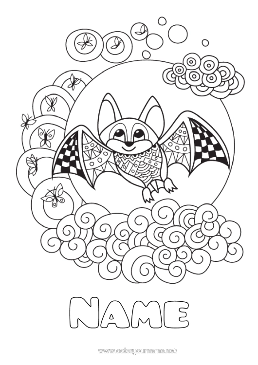 Colouring page to print Bat Animal Zentangle Birds And Flying Mammals