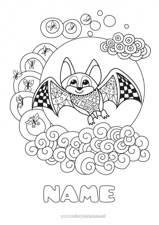 Coloring page to print Bat Zentangle Flying birds and mammals