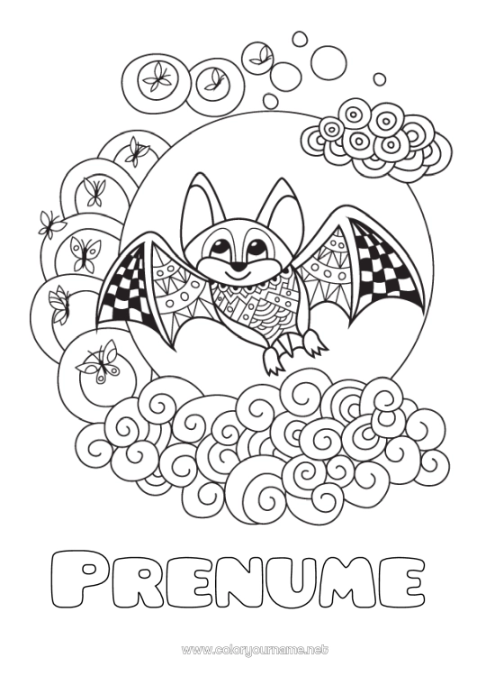 Pagină de colorat de imprimat Liliac Animal Zentangle Păsări și mamifere zburătoare