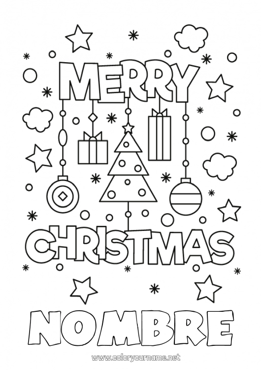 Dibujo para colorear para imprimir Navidad Decoración navideña Mensaje “Feliz Navidad”