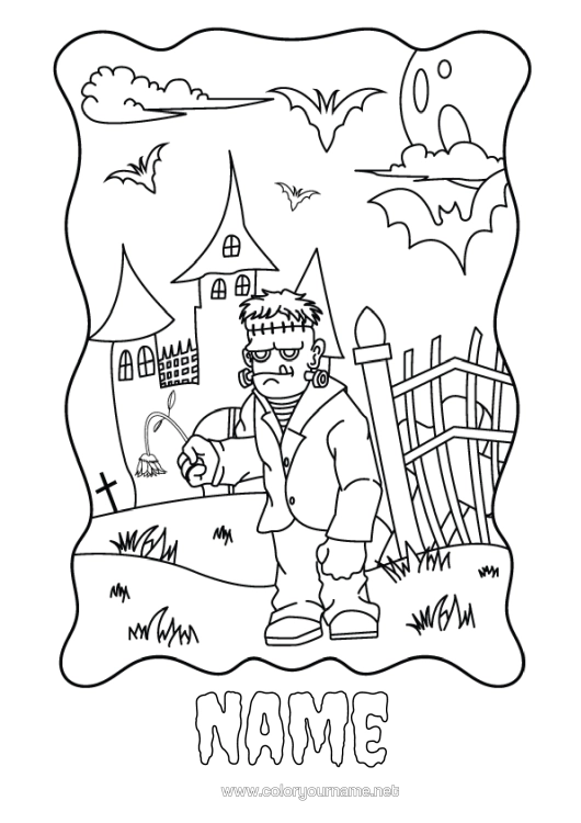 Colouring page to print Monster Halloween Haunted Manor Frankenstein
