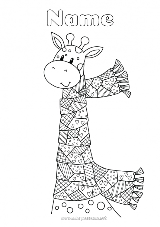 Coloring page to print Giraffe Zentangle Wild animals of Africa Scarf