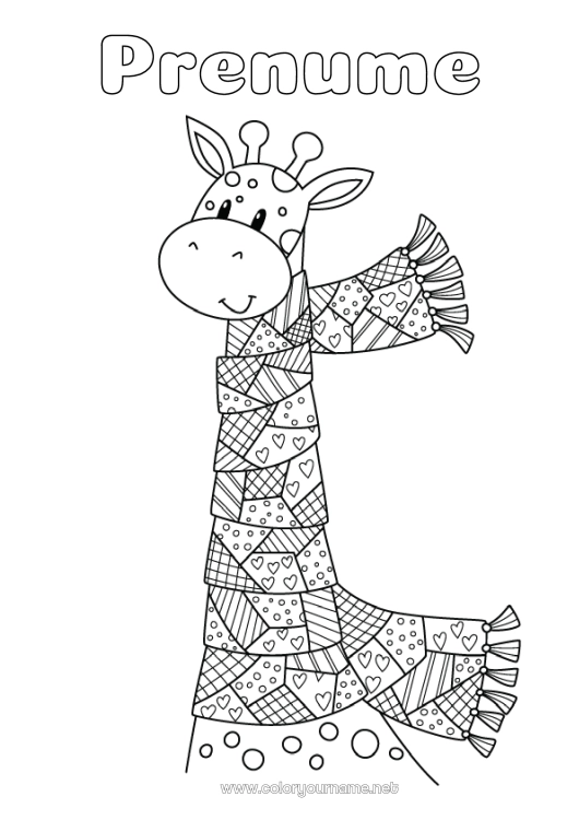 Pagină de colorat de imprimat Girafă Animal Zentangle Animale sălbatice din Africa Fular