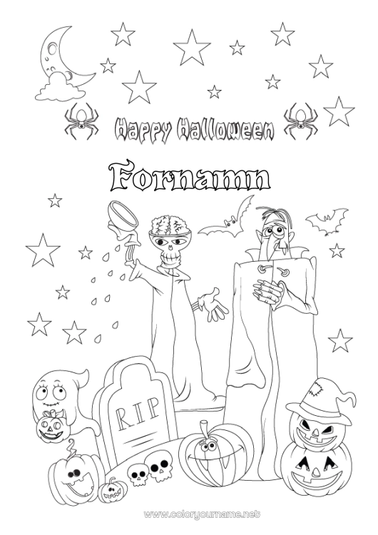 Färgläggningssida att skriva ut Fladdermus Kyrkogård Spöke Monster Halloween Skalle Fåglar och flygande däggdjur Anmälan