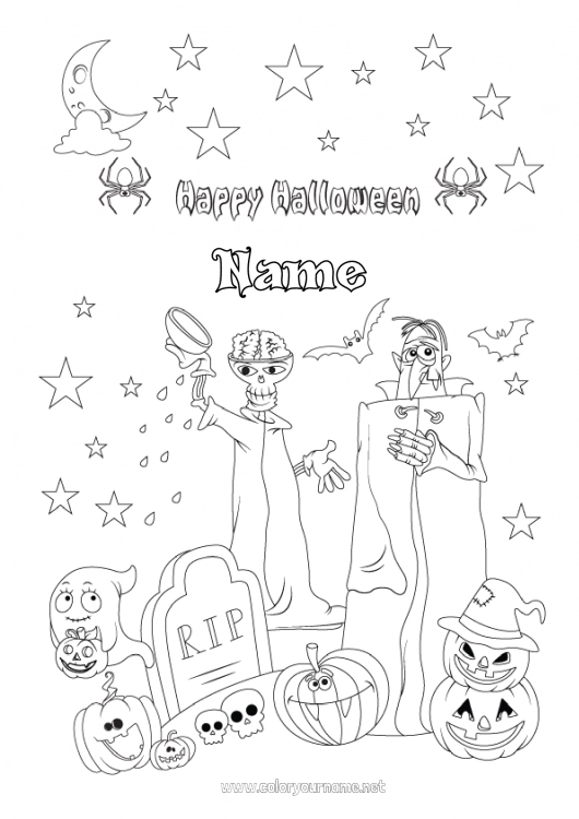 Coloring page to print Bat Cemetery Ghost Monster Halloween Skull Flying birds and mammals Inscription 