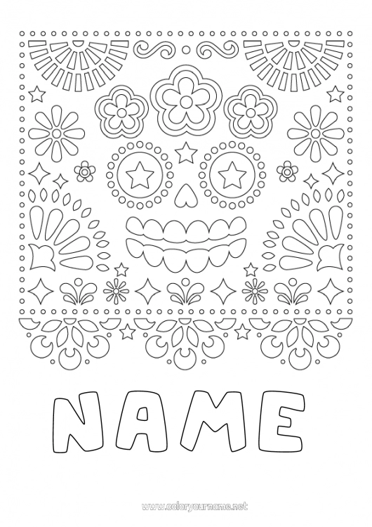 Coloring page to print Skull Día de los Muertos Catrina Mexican embroidery