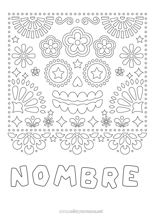 Dibujo para colorear para imprimir Calavera Día de los Muertos Catrina Bordado mexicano