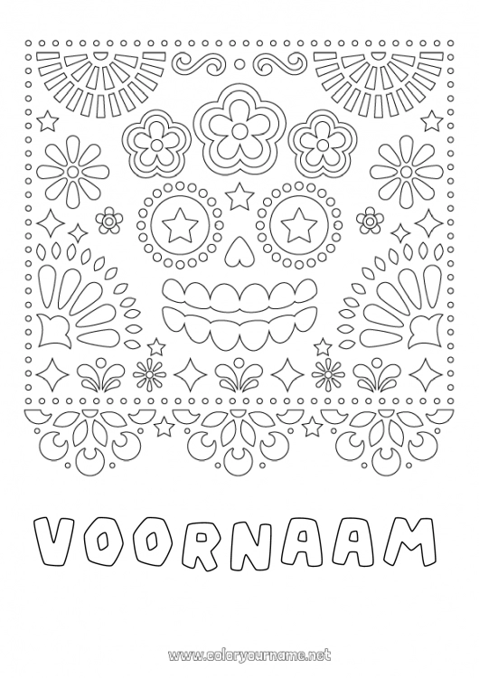 Kleurplaat om af te drukken Schedel Dia de los Muertos Catrina Mexicaanse borduurkunst