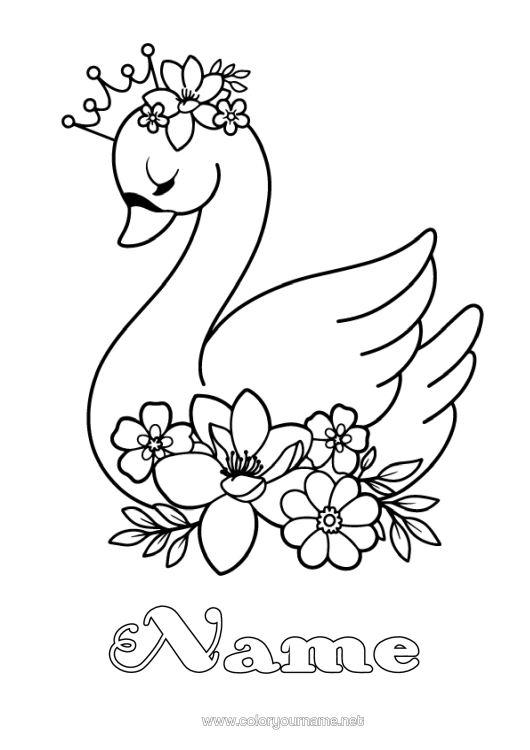 Colouring page to print Flowers Animal Crown Swan Birds And Flying Mammals