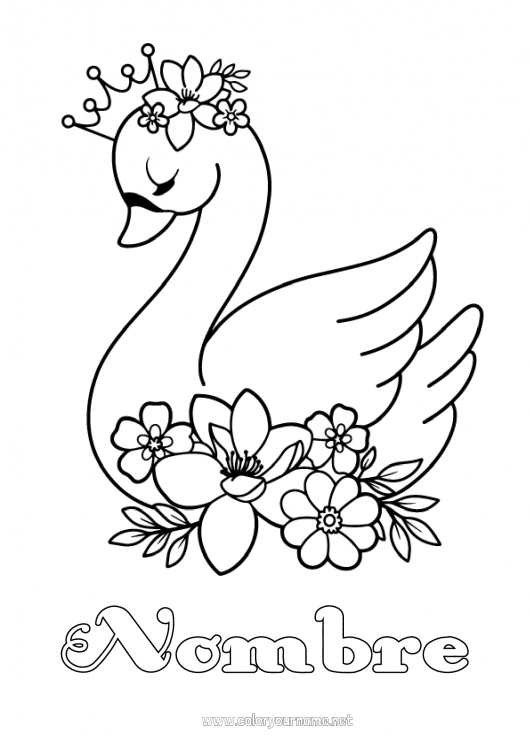 Dibujo para colorear para imprimir Flores Animales Corona Cisne Aves y mamíferos voladores