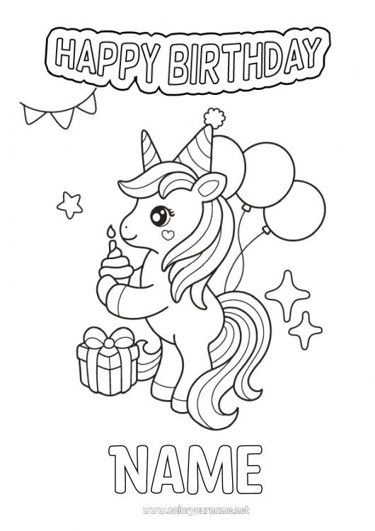 Coloring page to print Cake Birthday Unicorn Balloons Animal Happy Birthday (English) Message Dragons, unicorns and fantastic animals