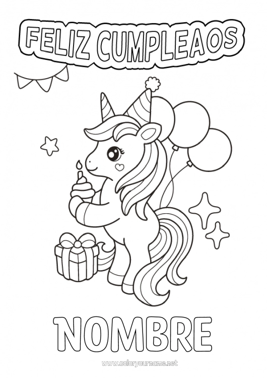 Dibujo para colorear para imprimir Tarta Cumpleaños Unicornio Globos Animales Mensaje de feliz cumpleaños (inglés) Dragones, unicornios y animales fantásticos