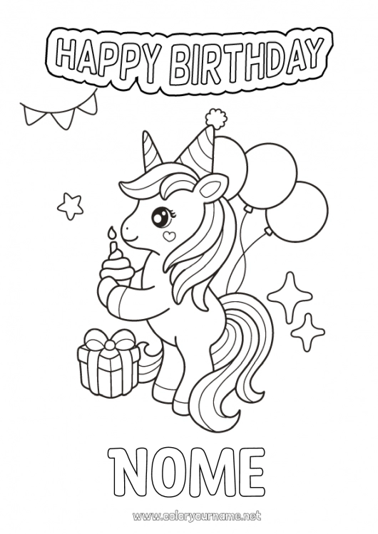 Pagina da colorare da stampare Torta Compleanno Unicorno Palloncini Animale Buon compleanno (francese) Messaggio Draghi, unicorni e animali fantastici