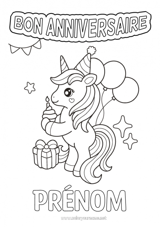 Coloriage à imprimer Gâteau Anniversaire Licorne Ballons Animal Joyeux anniversaire (français) Message Dragons, licornes et animaux fantastiques