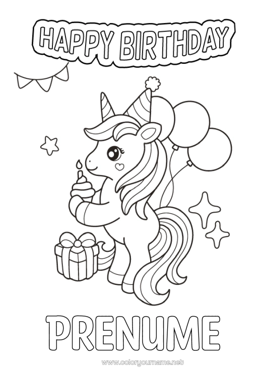 Pagină de colorat de imprimat Tort Aniversare Unicornă Baloane Animal La mulți ani! Dragoni, unicorni și animale fantastice