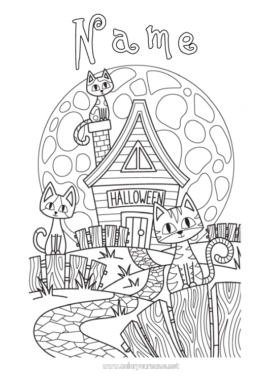 Coloring page to print Black cat Cat Halloween Moon Dog and cat Haunted mansion Inscription 