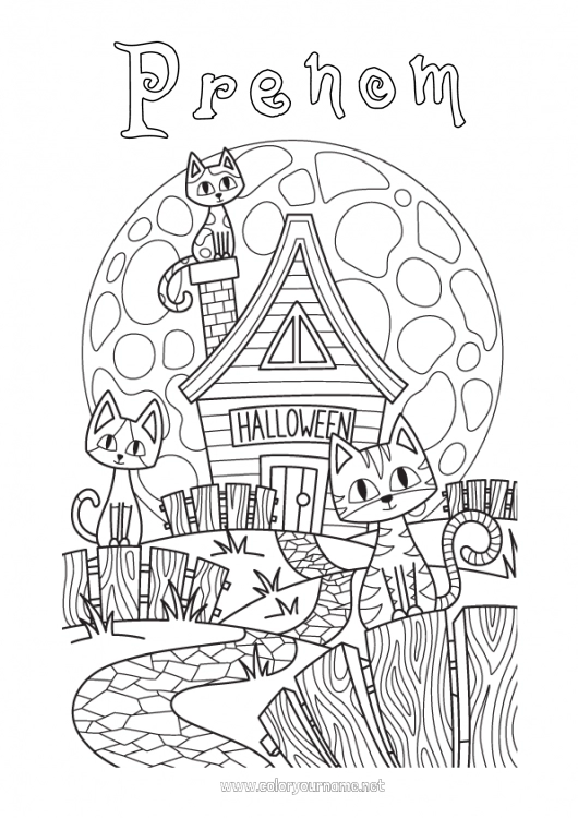 Coloriage à imprimer Chat noir Chat Halloween Lune Chiens et chats Manoir hanté Inscription "halloween"