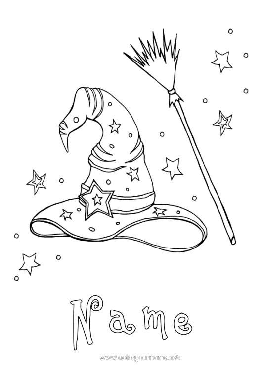 Coloring page to print Broomstick Witch Halloween Hat