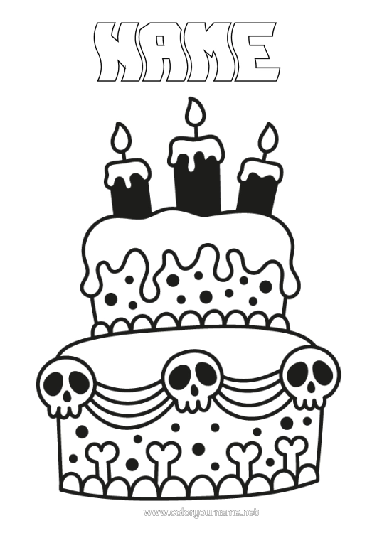Colouring page to print Cake Halloween Birthday Skull