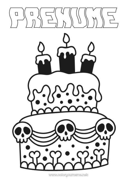 Pagină de colorat de imprimat Tort Halloween Aniversare Cranium