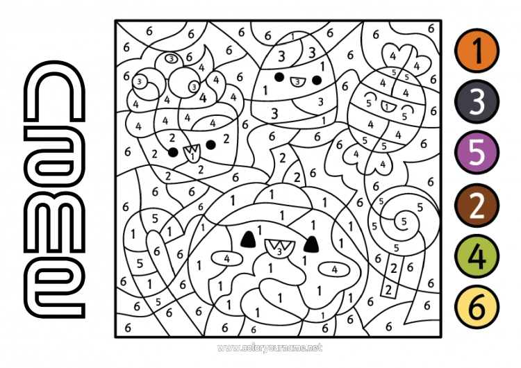 Coloring page to print Sweets Pumpkin Halloween Kawaii Number Coloring by numbers Children's activities Treats