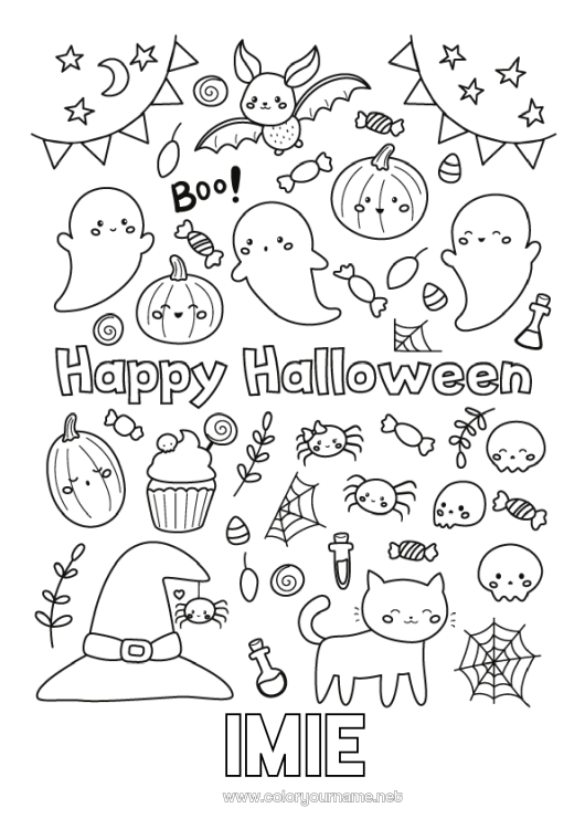 Kolorowanka do wydruku Nietoperz Duch Dynia Pająk Czarny kot Słodki Halloween Owady Psy i koty Ptaki i latające ssaki Napis 'halloween'