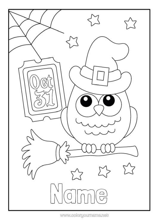Colouring page to print Halloween Owl, Tawny Owl Animal Birds And Flying Mammals