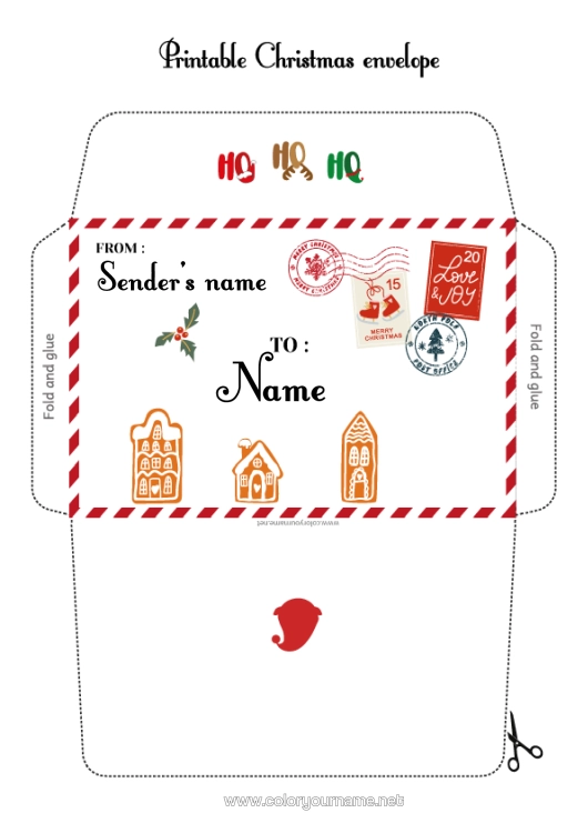 Colouring page to print Christmas Elves Christmas Gingerbread Letters From Mischievous Elves Children's Activities Holly Envelope Print Envelope Mischievous Elf's Journey Christmas Envelope