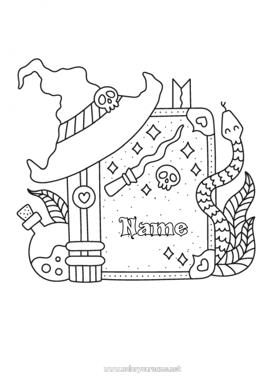 Coloring page to print Witch Snake Hat Book Reptiles Reading Magician Magic wand