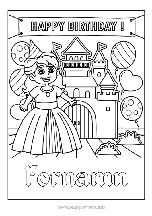 Färgläggningssida att skriva ut Slott Födelsedag Ballonger Prinsessa Grattis på födelsedagen!