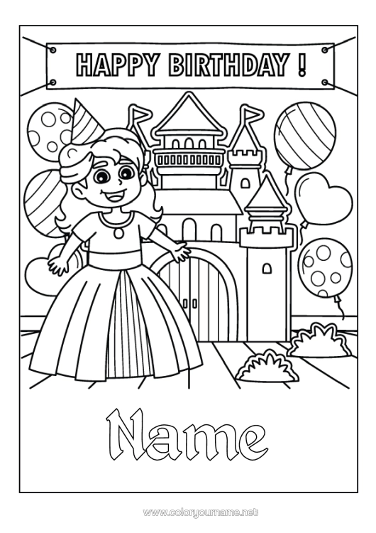 Colouring page to print Castle Birthday Balloons Princess Happy Birthday Message