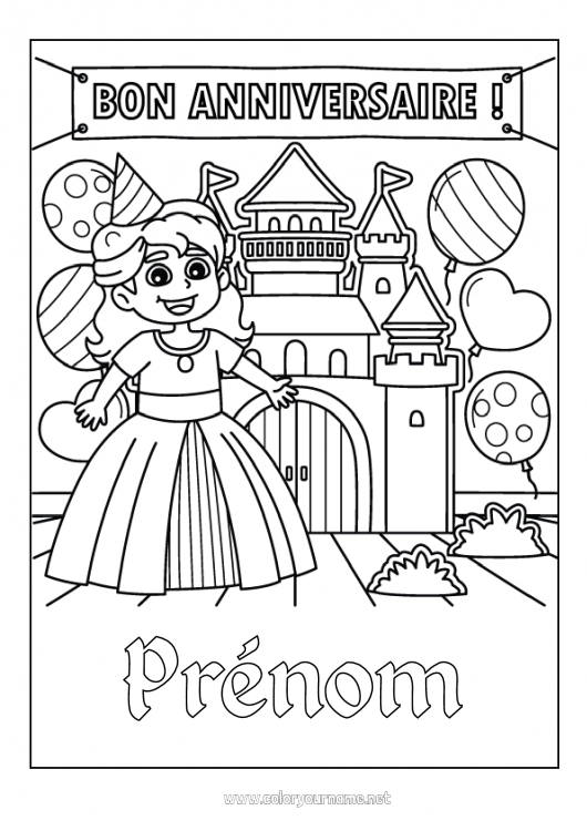 Coloriage à imprimer Château Anniversaire Ballons Princesse Joyeux anniversaire (français) Message