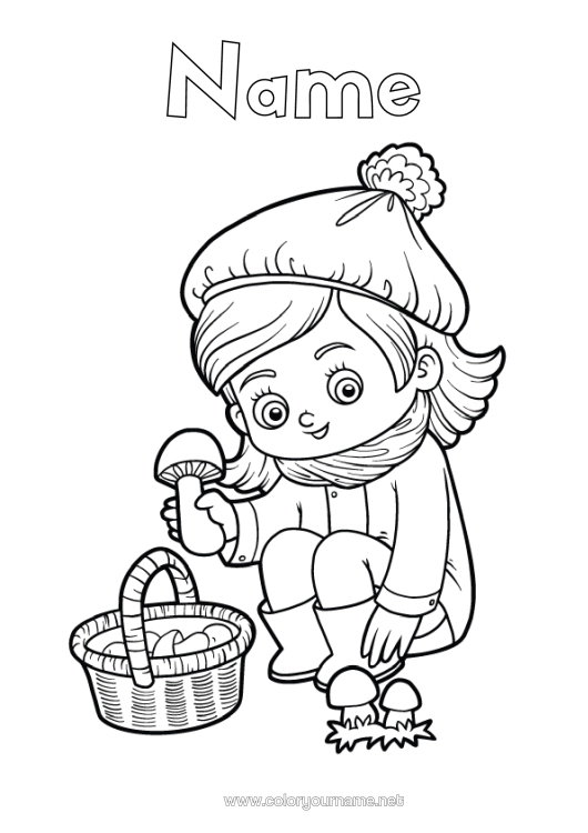 Colouring page to print Girl Mushroom Basket Boots