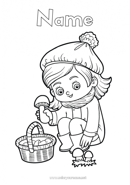 Coloring page to print Girl Mushroom Basket Boots