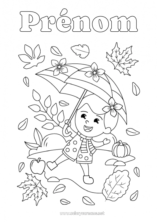 Coloriage à imprimer Automne Feuilles Parapluie écharpe