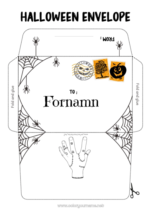 Färgläggningssida att skriva ut Halloween Höst Familjen Addams Kuvert Spindelnät Utskriftskuvert
